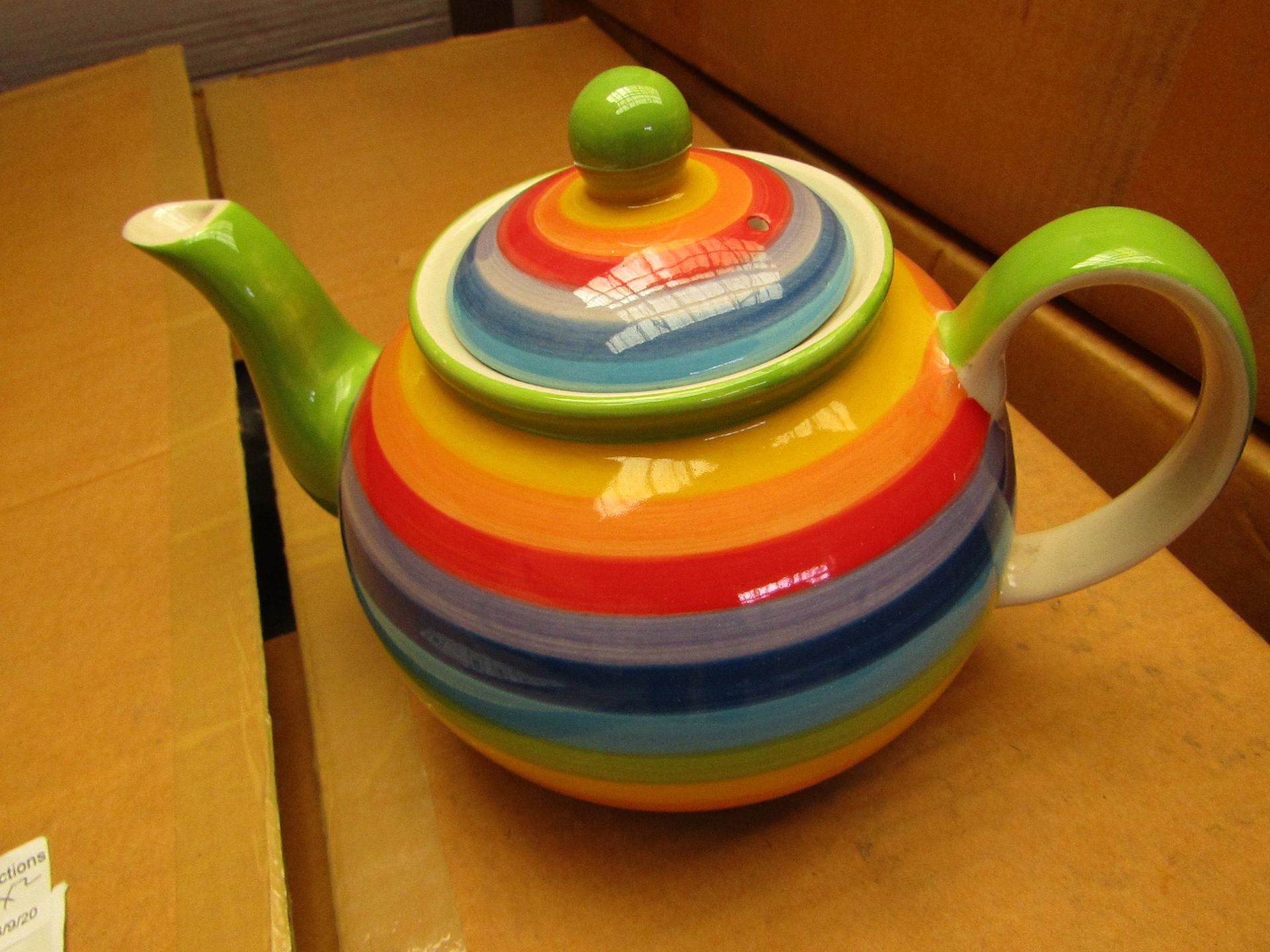 2 x Large Rainbow Design Tea Pots. Unused & Packaged