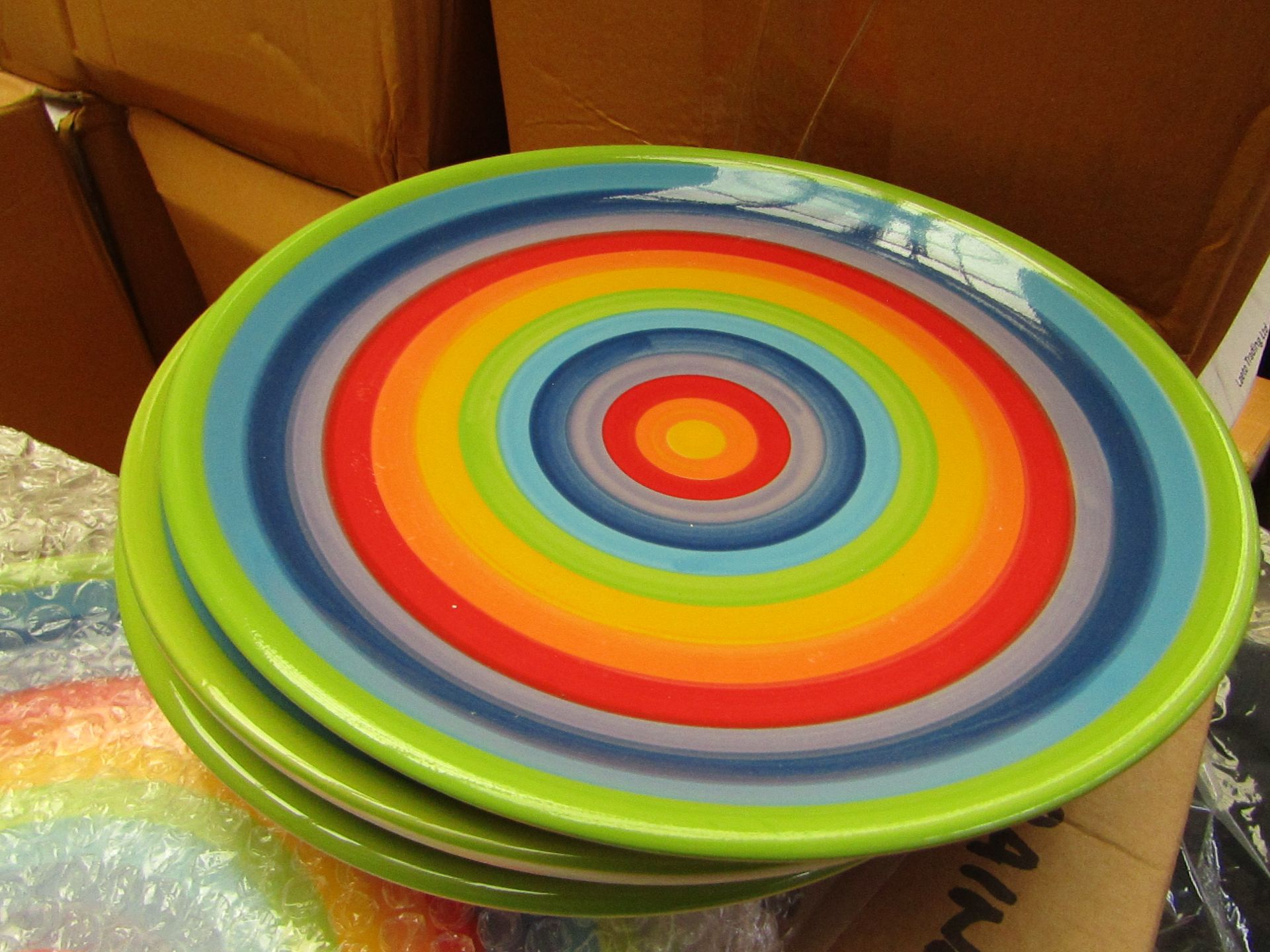 8 x Rainbow Design Large Plates. 26cm each. Unused & Boxed