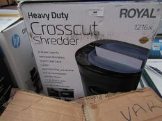 Royal heavy duty cross cut shredder, unchecked and boxed.