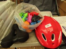 3 items Being a Dunlop Kids Helmet & Saddle & Approx 20 Bath Toys