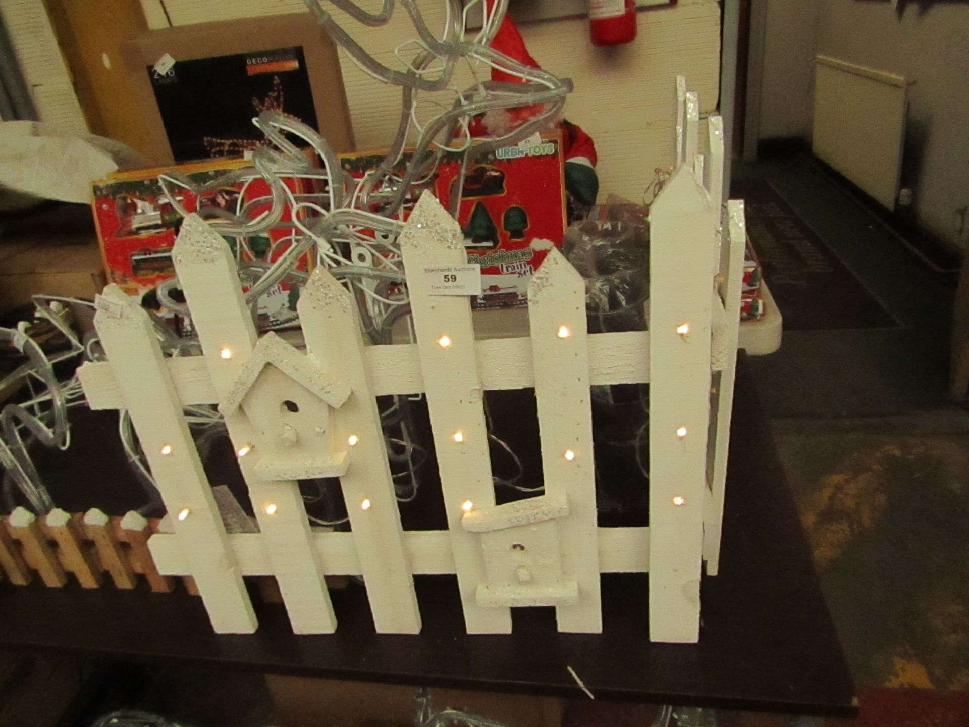 Wooden Christmas Light Up Fence. Tested Working. Req 3 AA Batteries (not included)