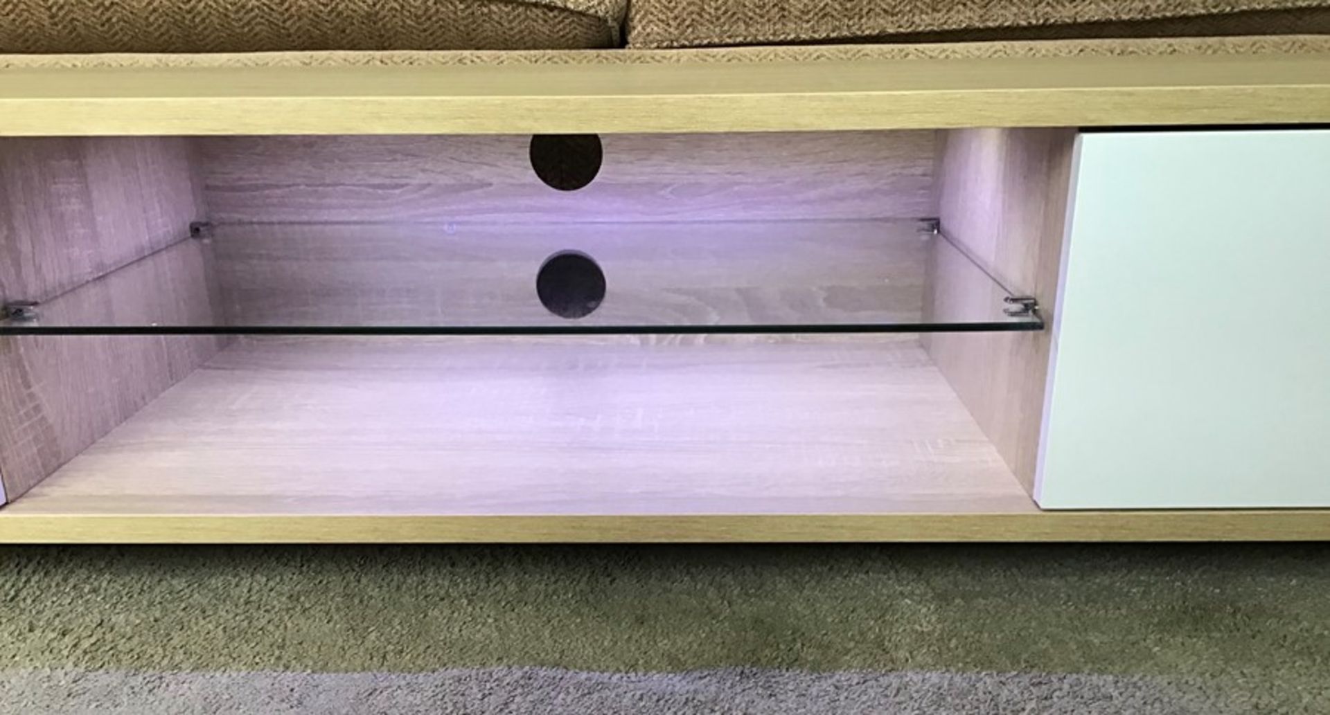 White and oak Melamine TV unit with LED lighting, brand new and boxed. RRP Circa £120.00 - Image 2 of 3