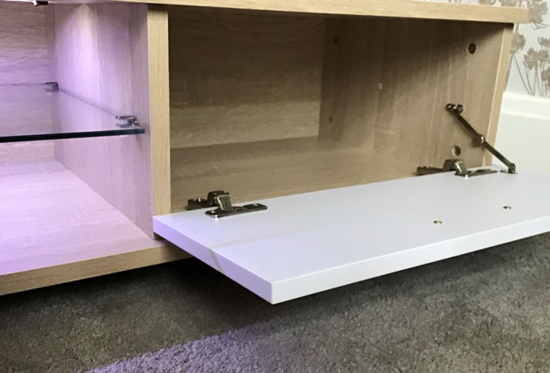 White and oak Melamine TV unit with LED lighting, brand new and boxed. RRP Circa £120.00 - Image 3 of 3