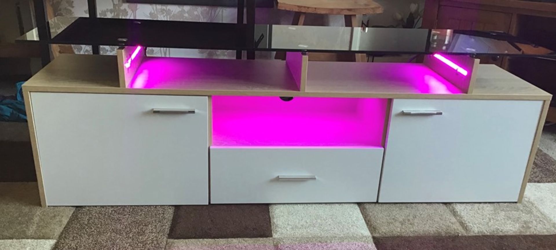 White Melamine TV unit with 9 colour LED lighting, brand new and boxed. RRP Circa £160.00