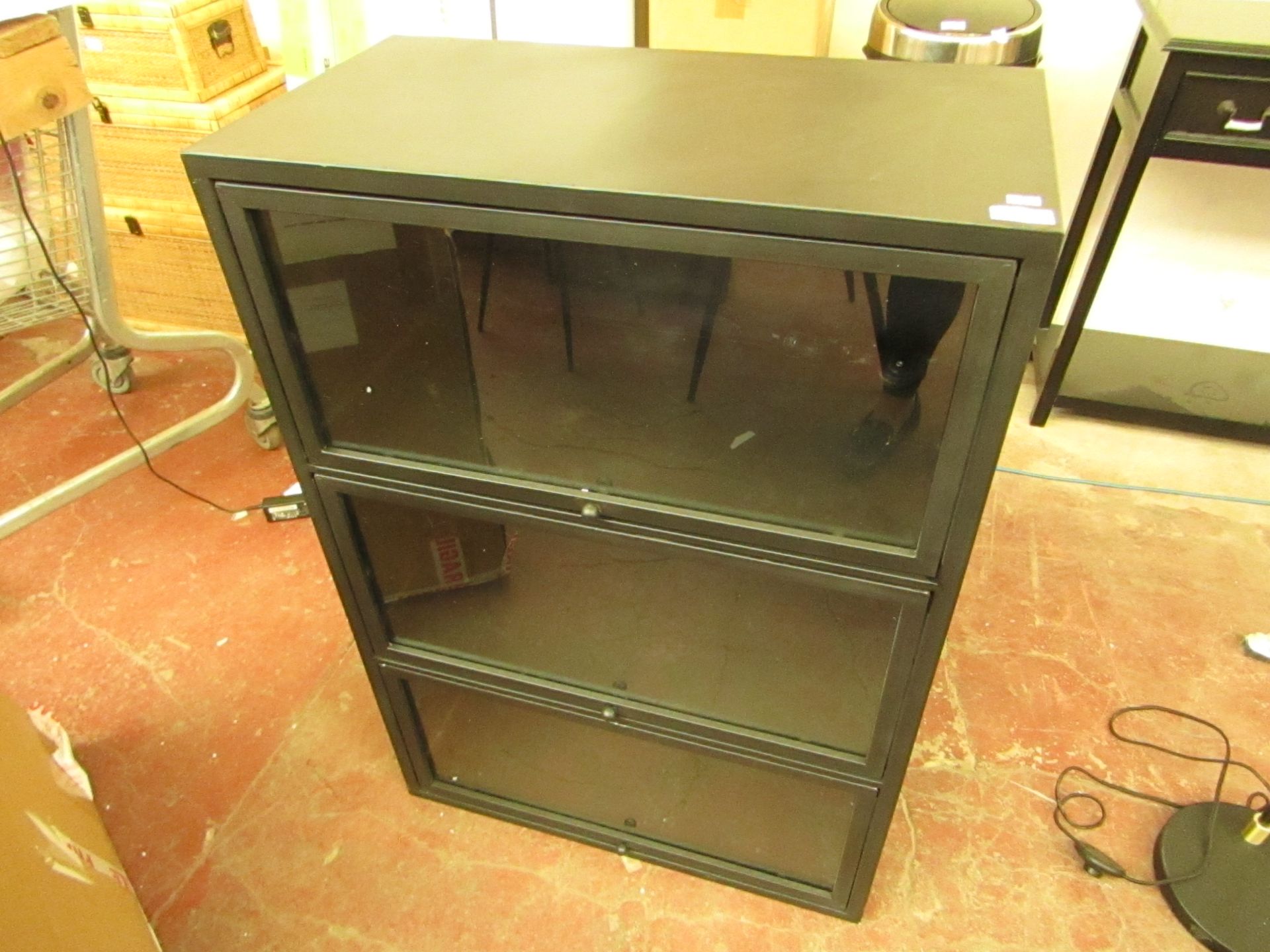 | 1X | COX & COX CUROSITY BLACK IRON CABINET  WITH THREE GLASS DOORS THAT SLIDE UP & IN |RRP £395 |