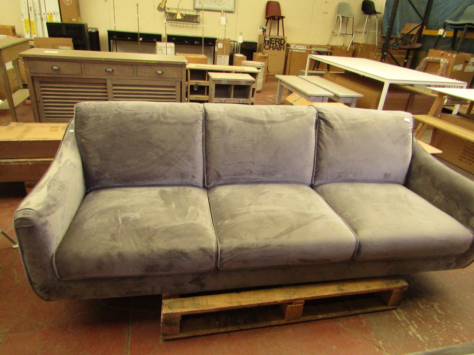 Bainbridge Grey Velour 3 seater Sofa 219 x 90 x 90 cm RRP £899 looks new (but is missing legs)