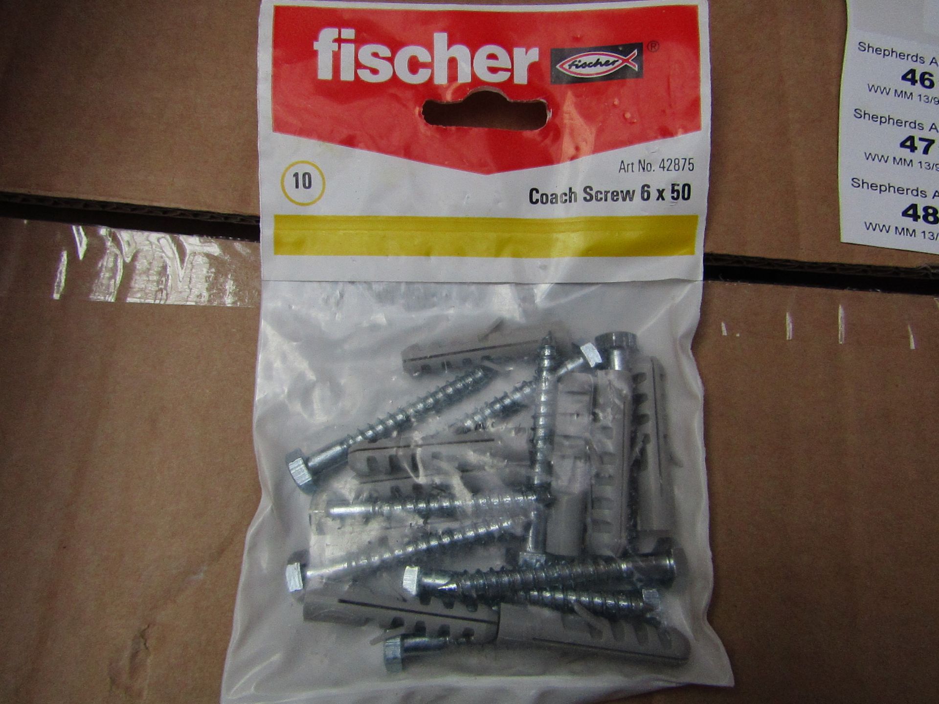 5x Fischer - Coach Screws 6 x 50 (Packs of 10) - New & Packaged.