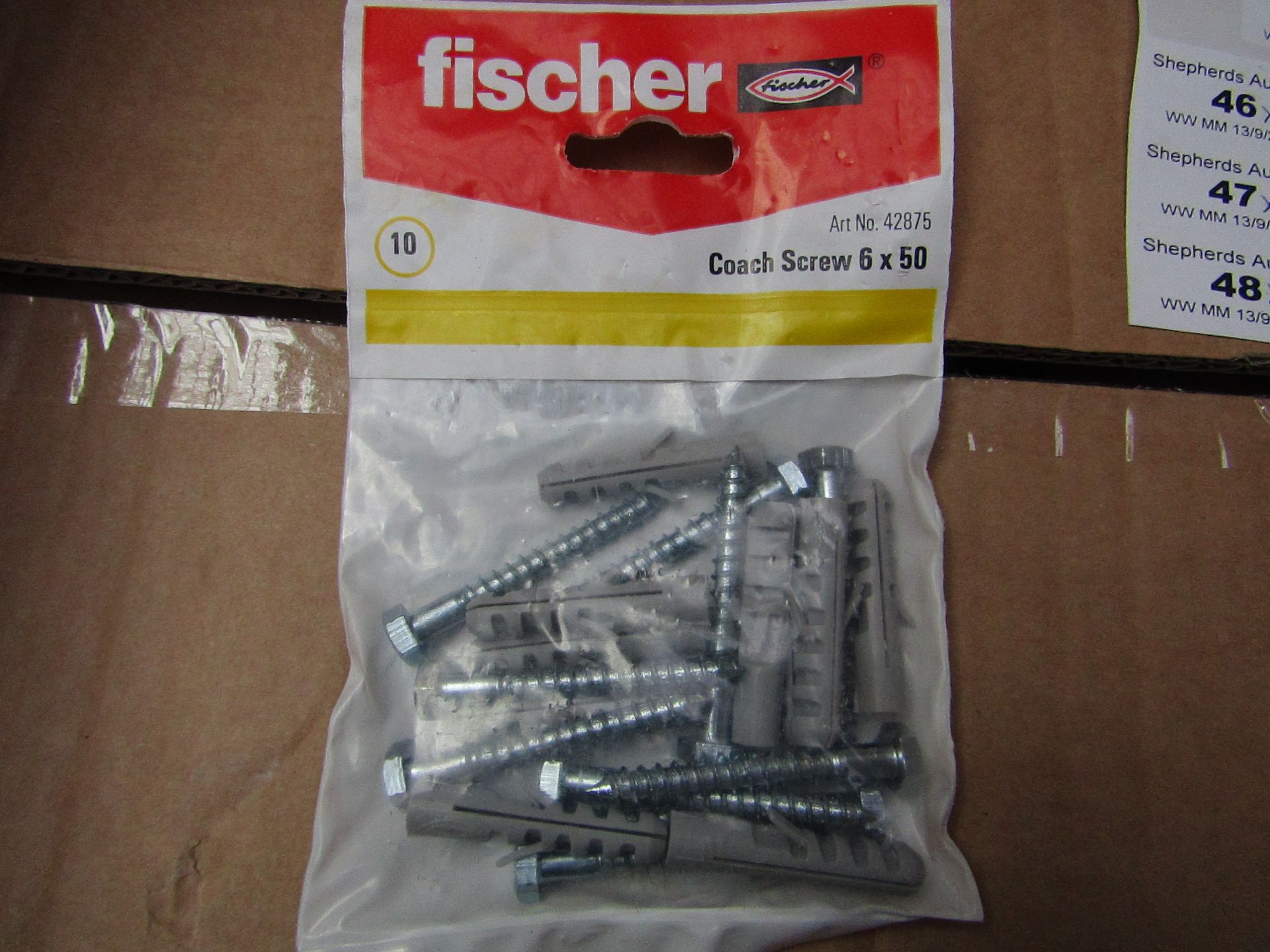 5x Fischer - Coach Screws 6 x 50 (Packs of 10) - New & Packaged.