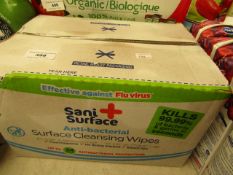 12 Packs of 56 Sani Surface Anti bac Wipes. Packaged