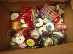 Box Approx 35+ Rolls Of Ribbon - Various Colours, Sizes & Designs.