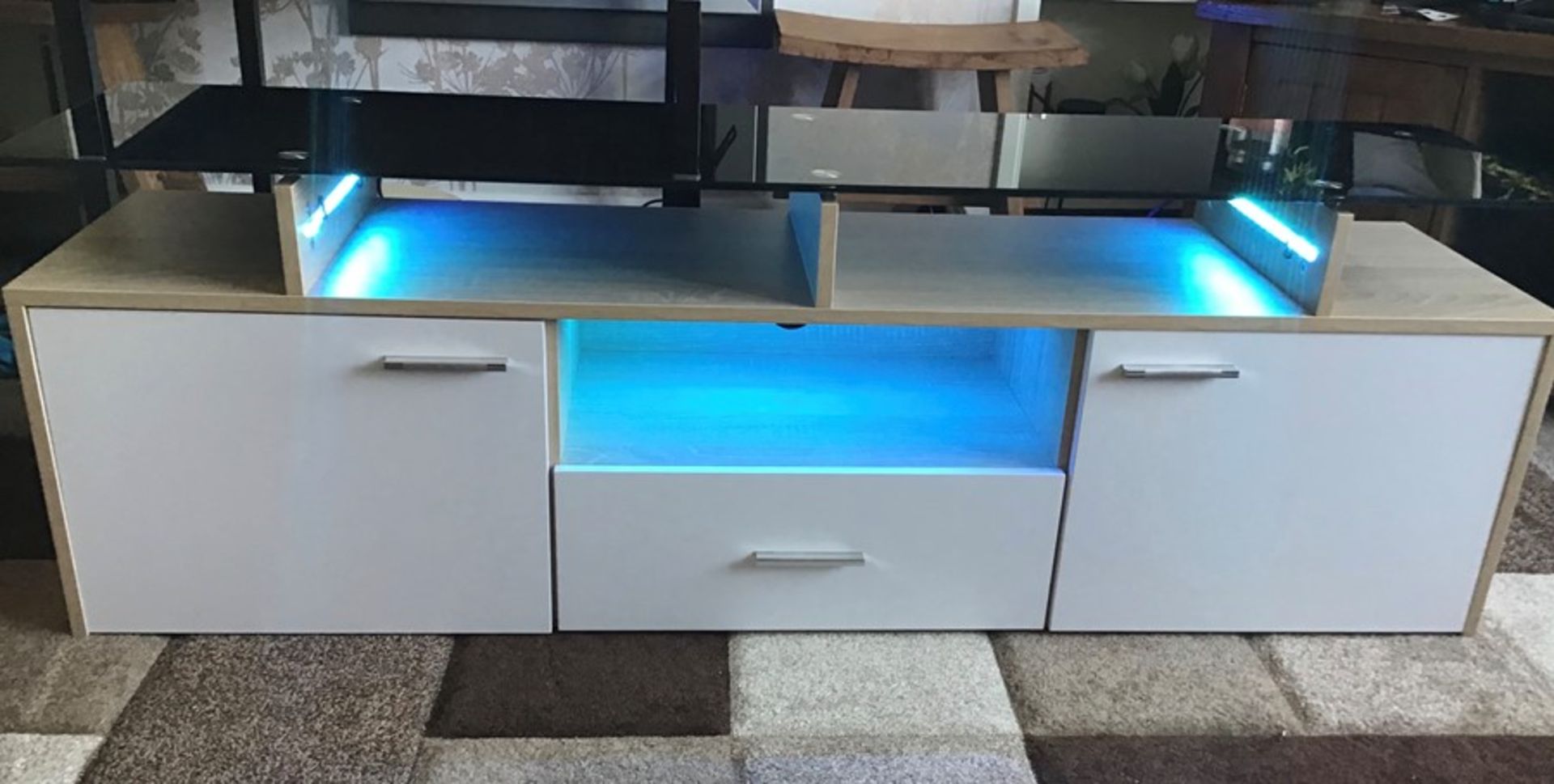 White and oak Melamine TV unit with 9 colour LED lighting, brand new and boxed. RRP Circa £160.00 - Image 5 of 8