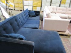 | 1x | SWOON L SHAPED BLUE VELOUR SOFA, MISSING LEGS AND COULD DO WITH A CLEAN BUT NO MAJOR DAMAGE |