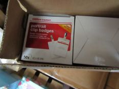 4 x Boxes of 50 Office Depot Portrait Clip Badges with Cards. 60mm x 90mm. New & Boxed