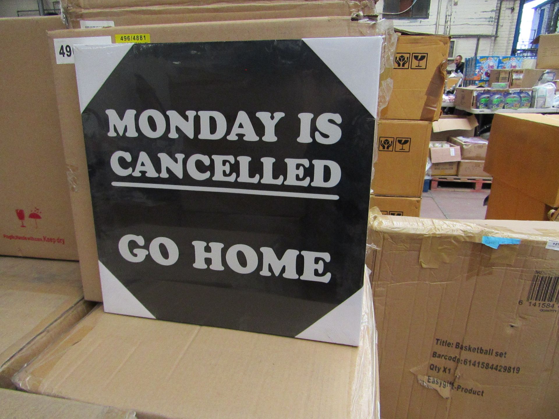 Box of 10 x Monday is Cancelled Canvasses. Unused & Packaged.35cm x 35cm.