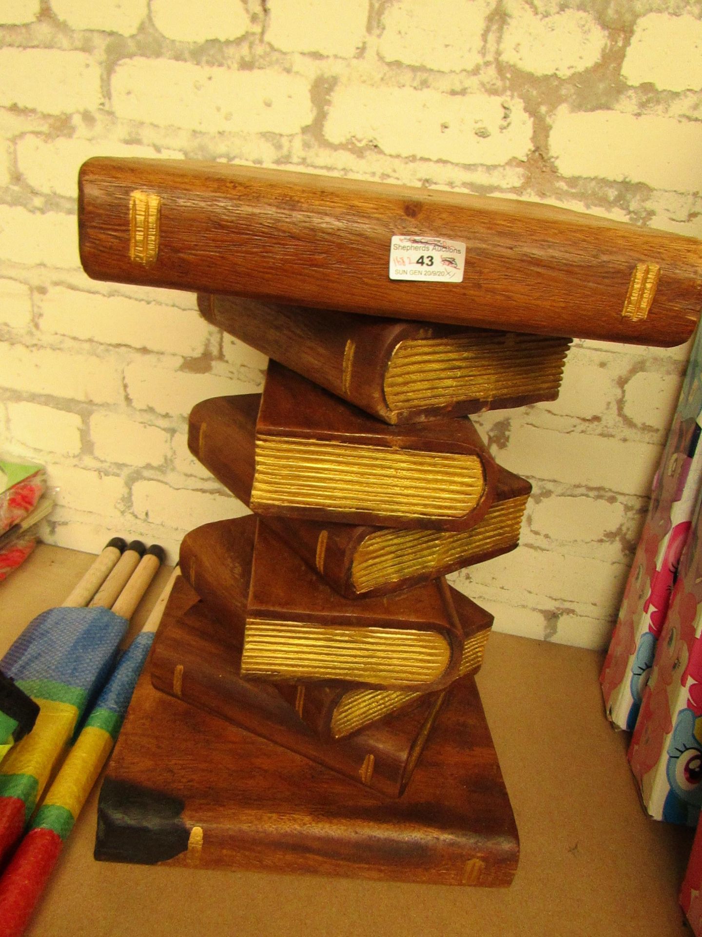 Wooden Book Design Side Table. 52cm Tall x 33cm Wide. Very Solid