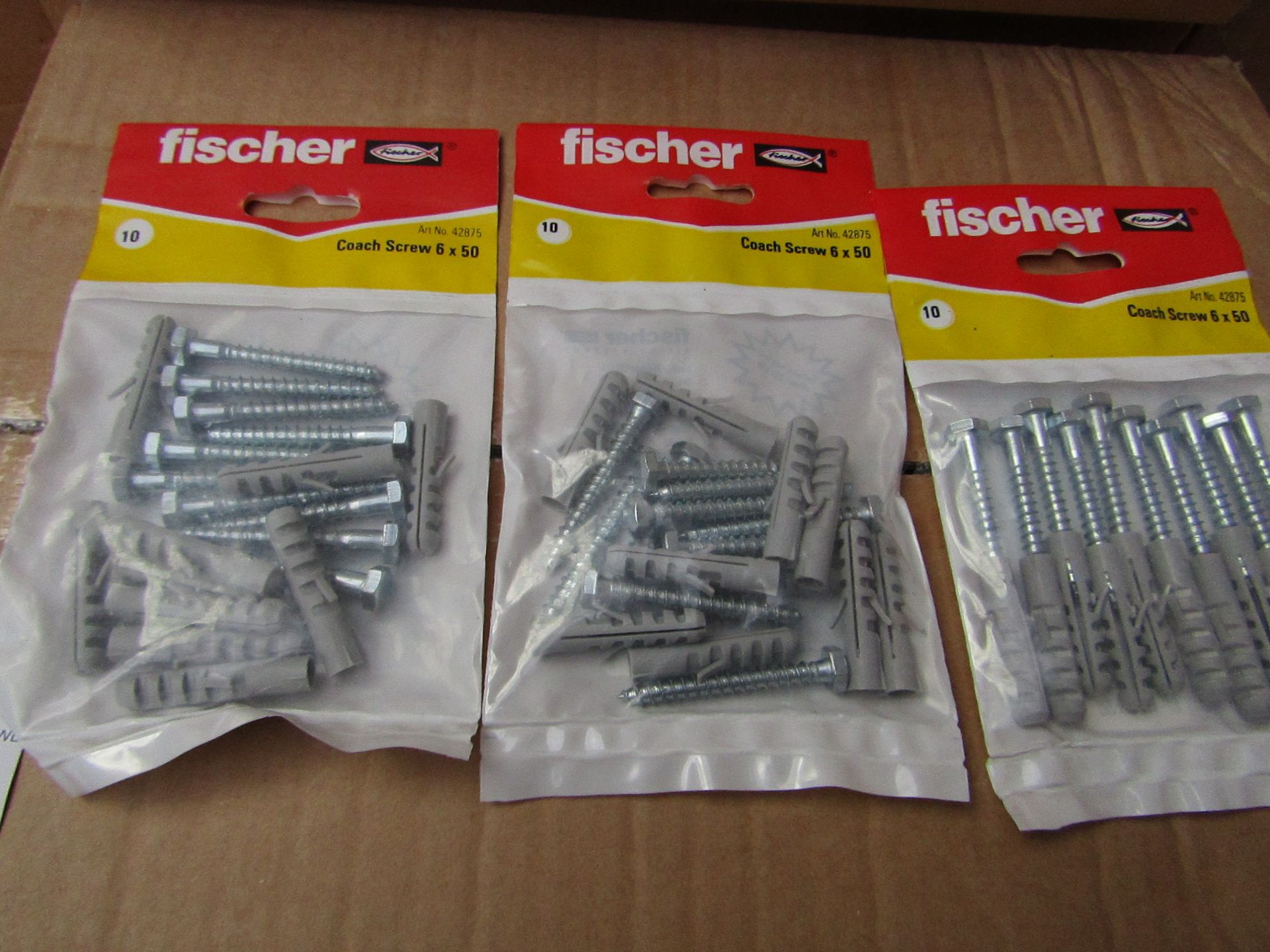 5x Fischer - Coach Screw 6 x 50 (Packs of 10) - New & Packaged.