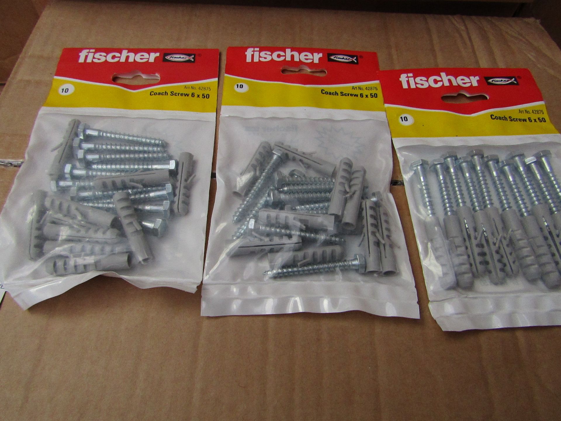 5x Fischer - Coach Screw 6 x 50 (Packs of 10) - New & Packaged.