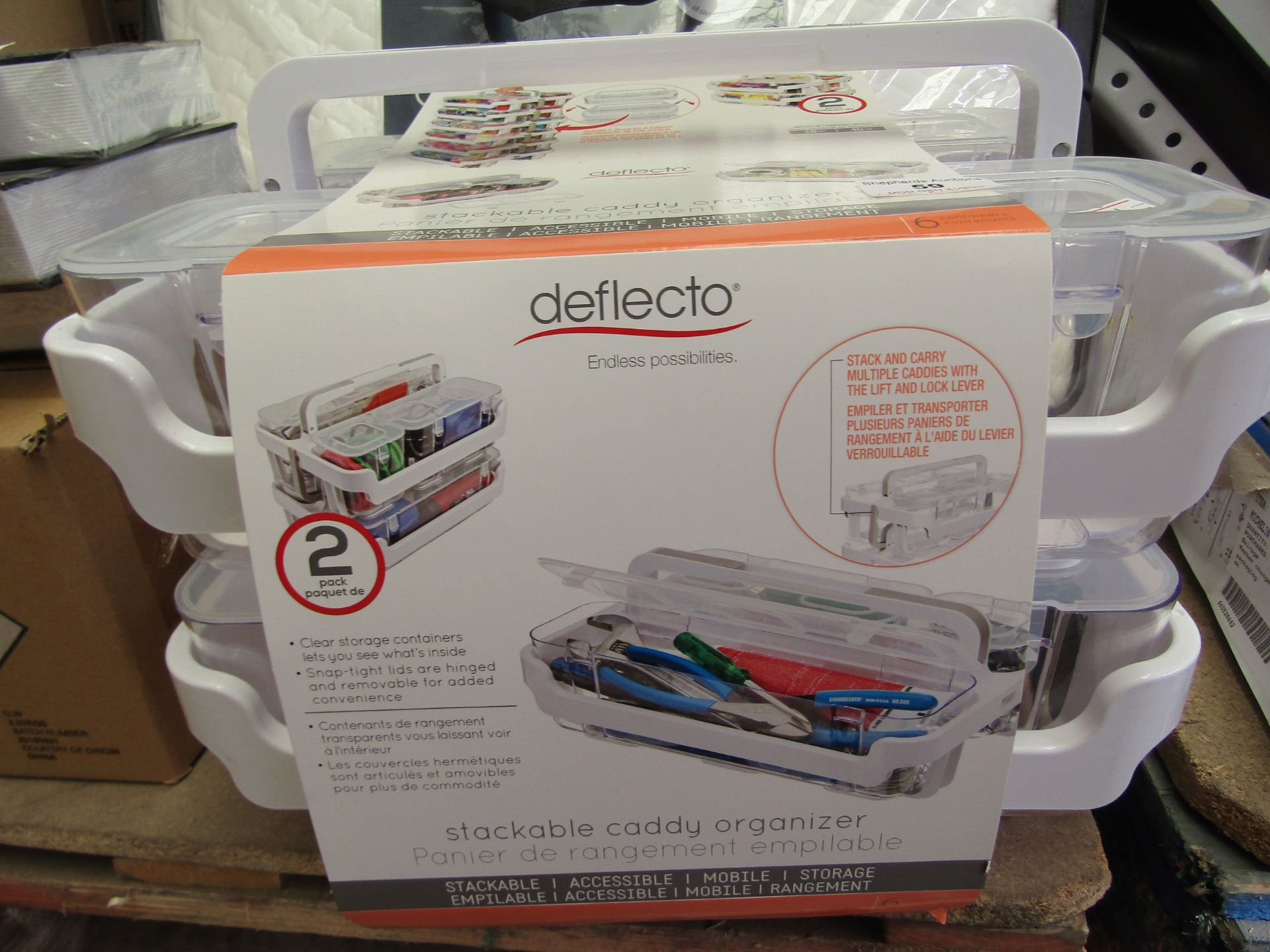 Deflecto Stackable Caddy Organizer. 2 x 2 Containers with handles. Clip has Broke