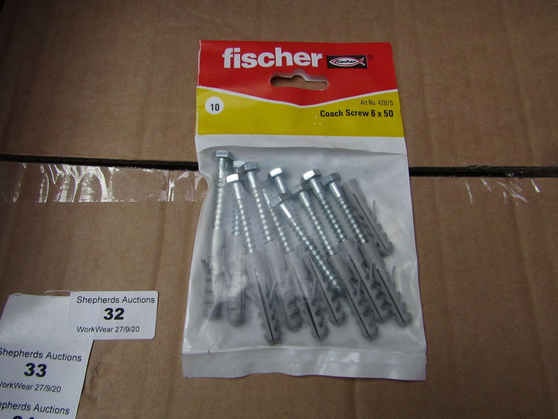 5x Fischer - Coach Screws 6 x 50 (Packs of 10) - New & Packaged.