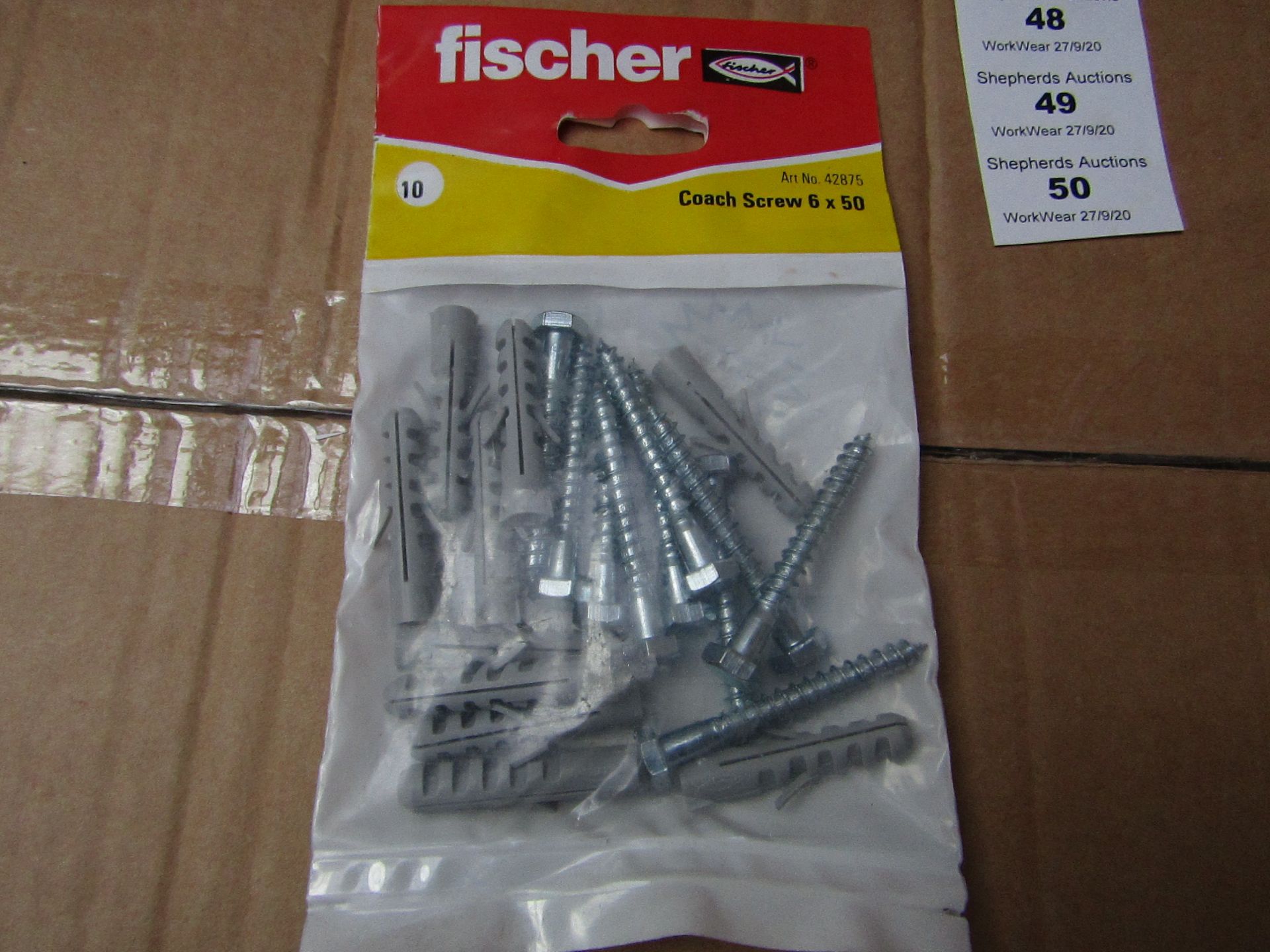 5x Fischer - Coach Screw 6 x 50 (Packs of 10) - New & Packaged.