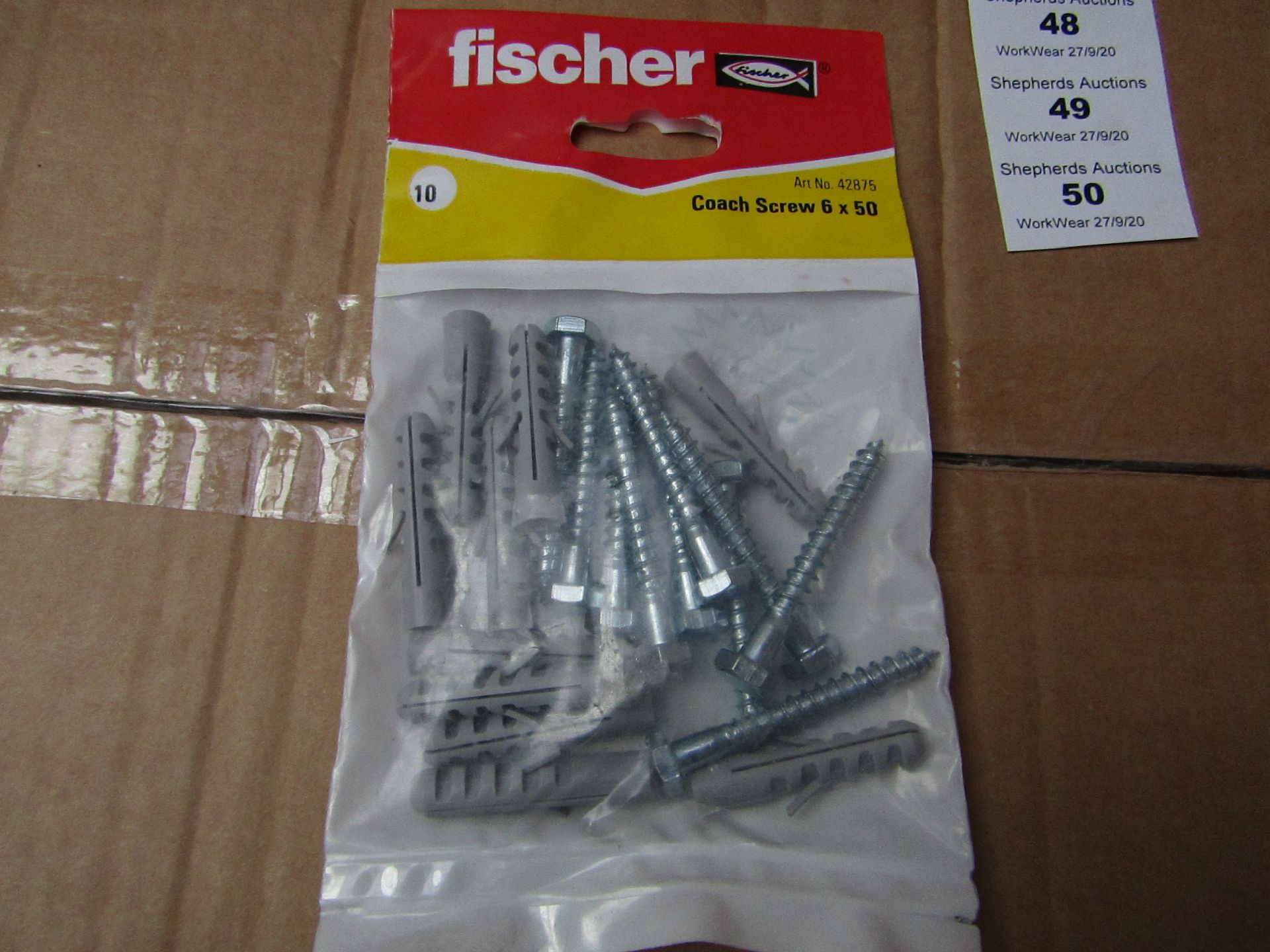 5x Fischer - Coach Screw 6 x 50 (Packs of 10) - New & Packaged.