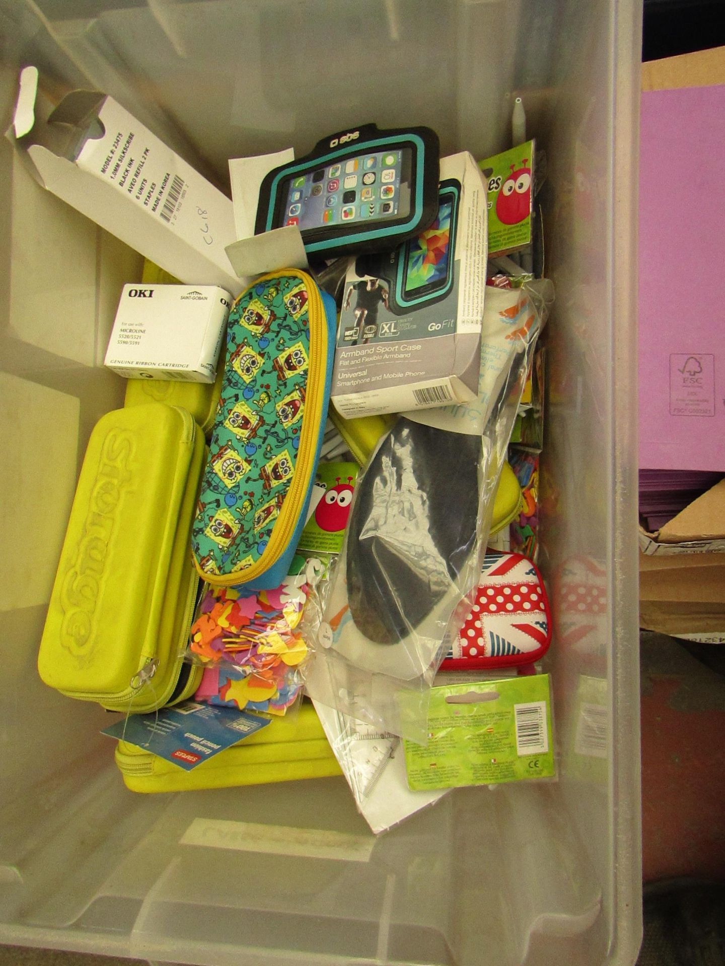 Container with approx 25+ various items such as Pencil cases, Pens, Foam Shapes, etc