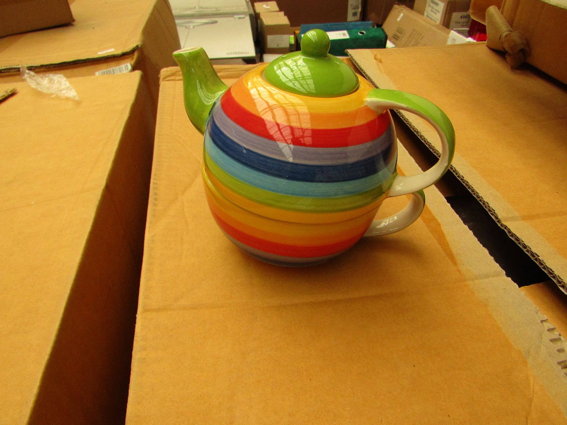 2 x One Cup Rainbow Teapots with Cups new see image