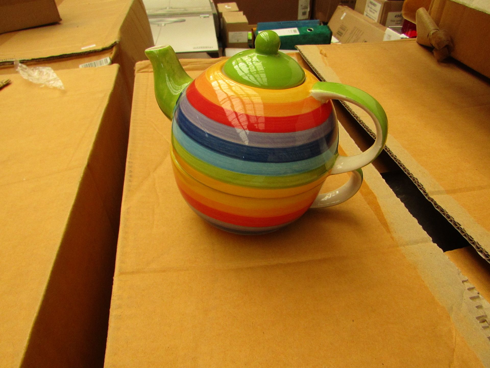 2 x One Cup Rainbow Teapots with Cups new see image