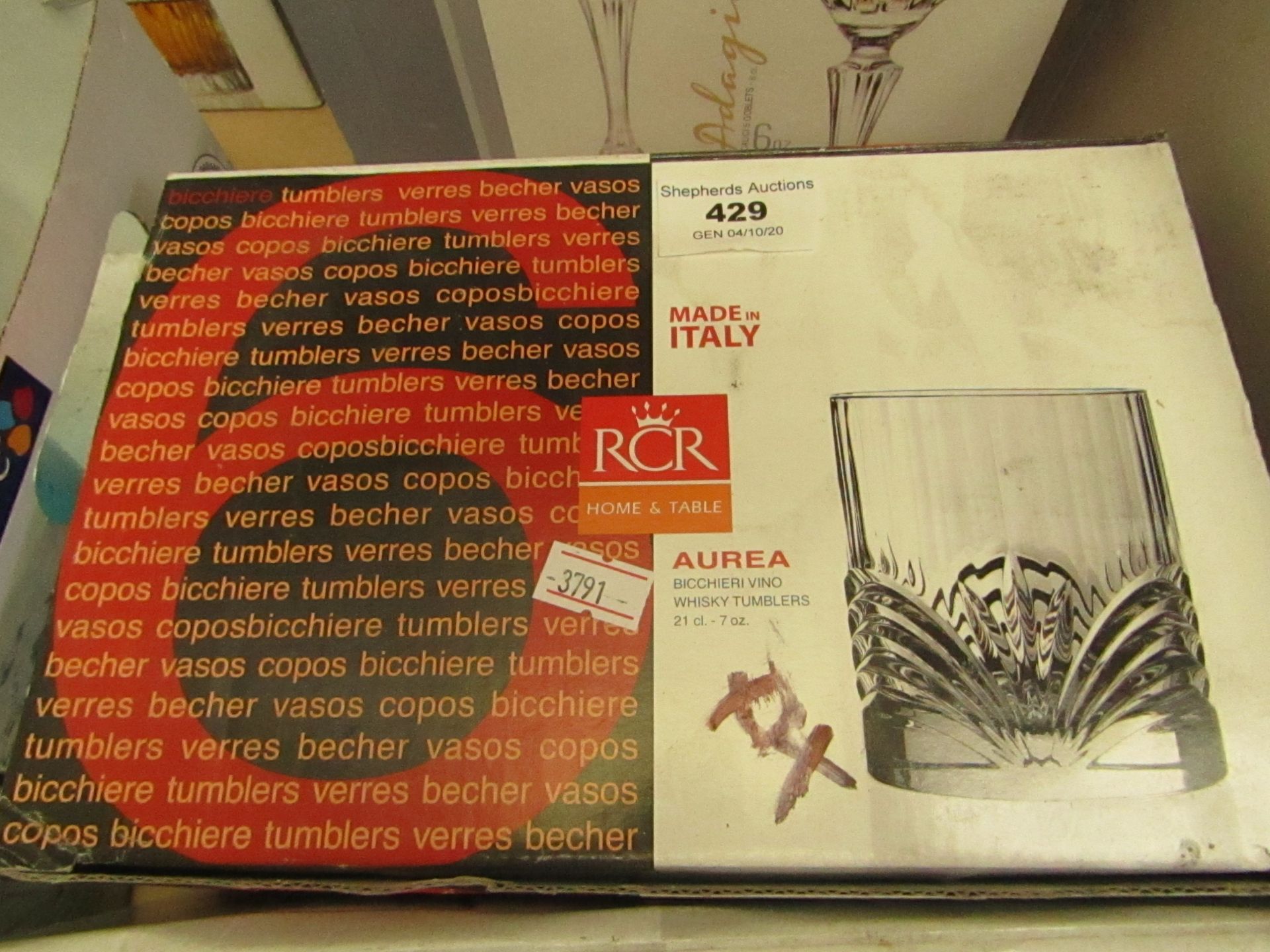 Box of 4x RCR Aurea cut glass whickey tumblers.