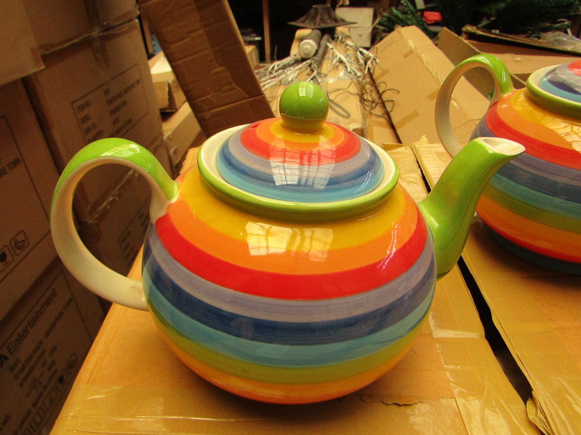 2 x large rainbow design Teapots. New