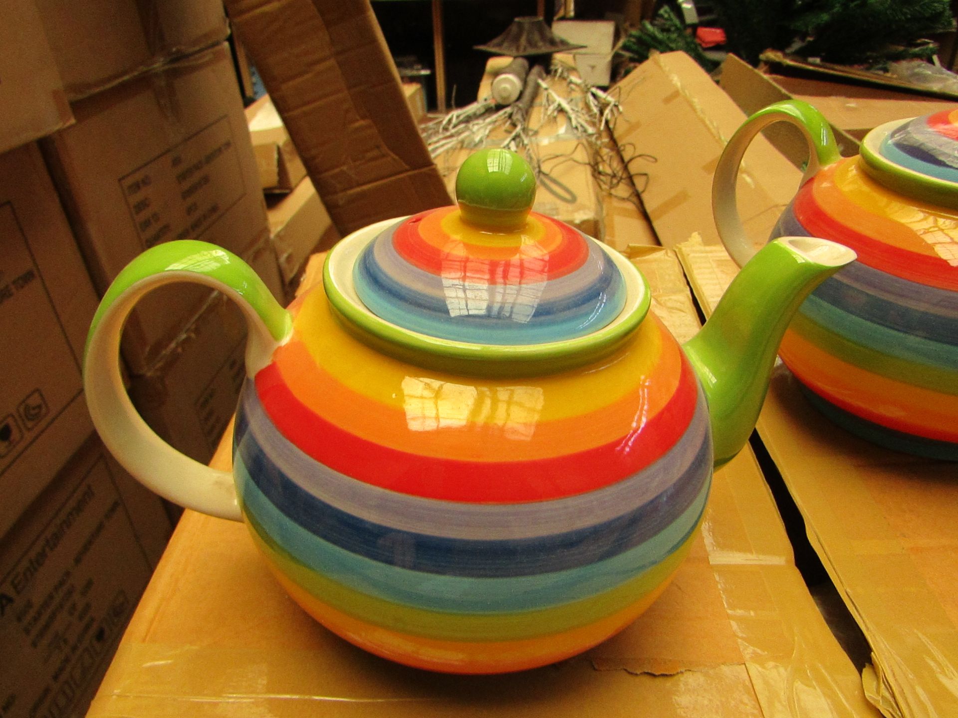 2 x large rainbow design Teapots. New