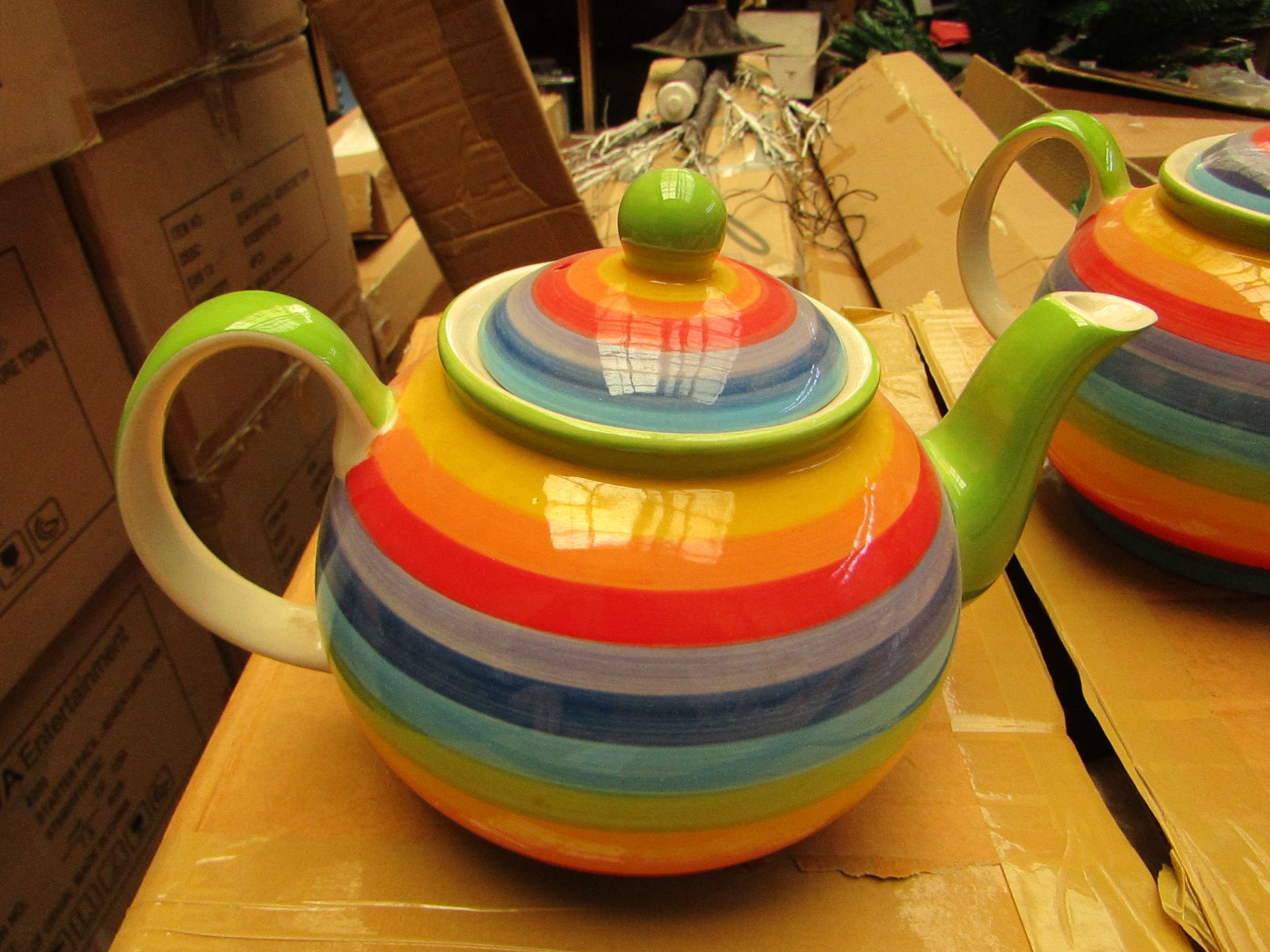 2 x large rainbow design Teapots. New
