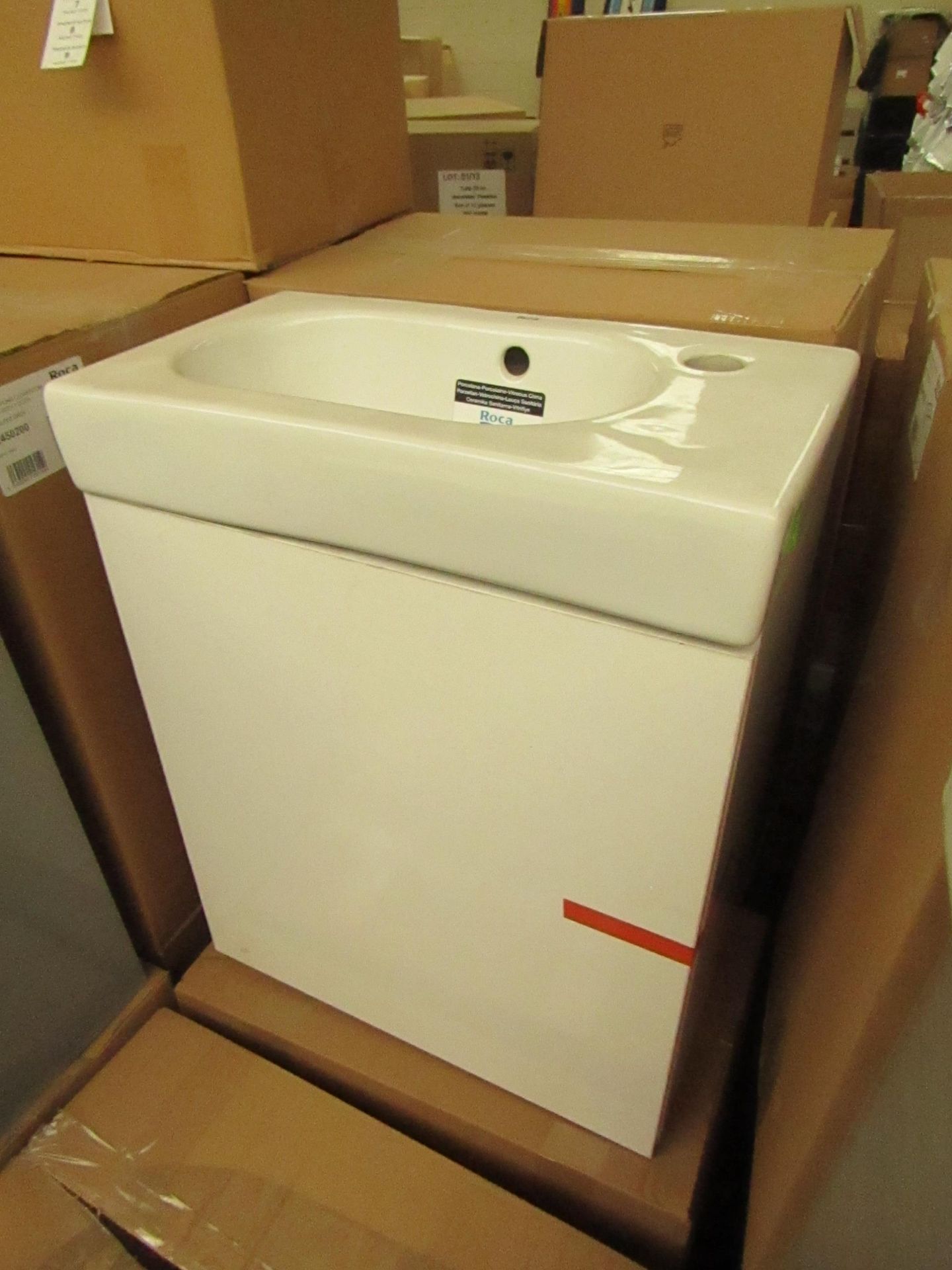 Roca GLOSS WHITE cloakroom basin set including; Roca 450mm wall hung base unit with a Roca 450mm 1TH