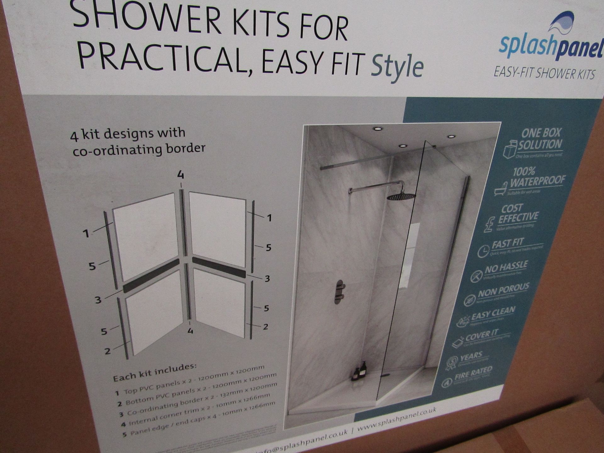 Splash Panel 2 sided shower wall kit in SANDSTONE, new and boxed, the kit contains 2 1200x1200 top