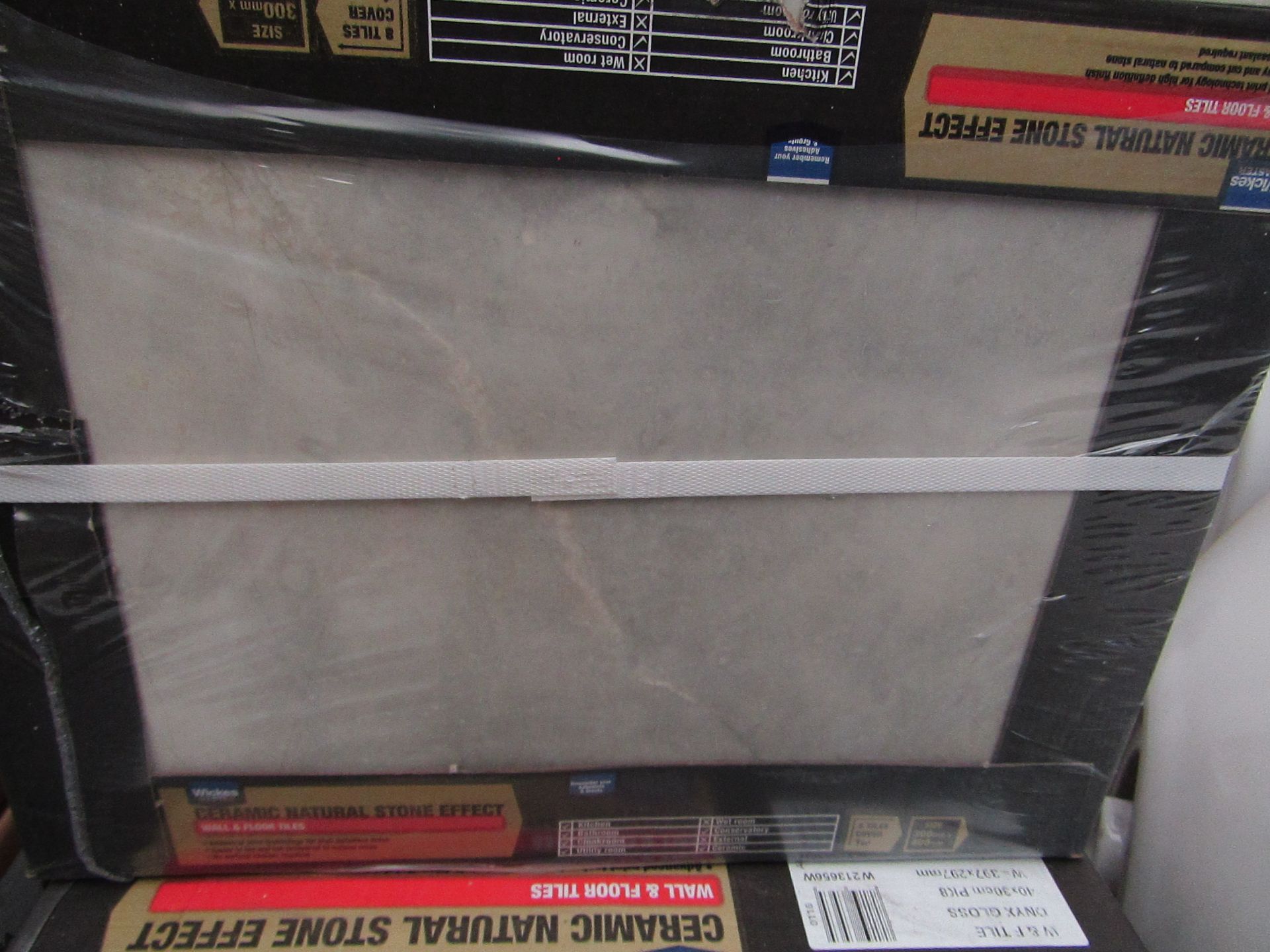 6x Packs of 8, Wickes 400x300 Onyx Gloss Wall and Floor tiles, each pack is RRP £16.99 totalling