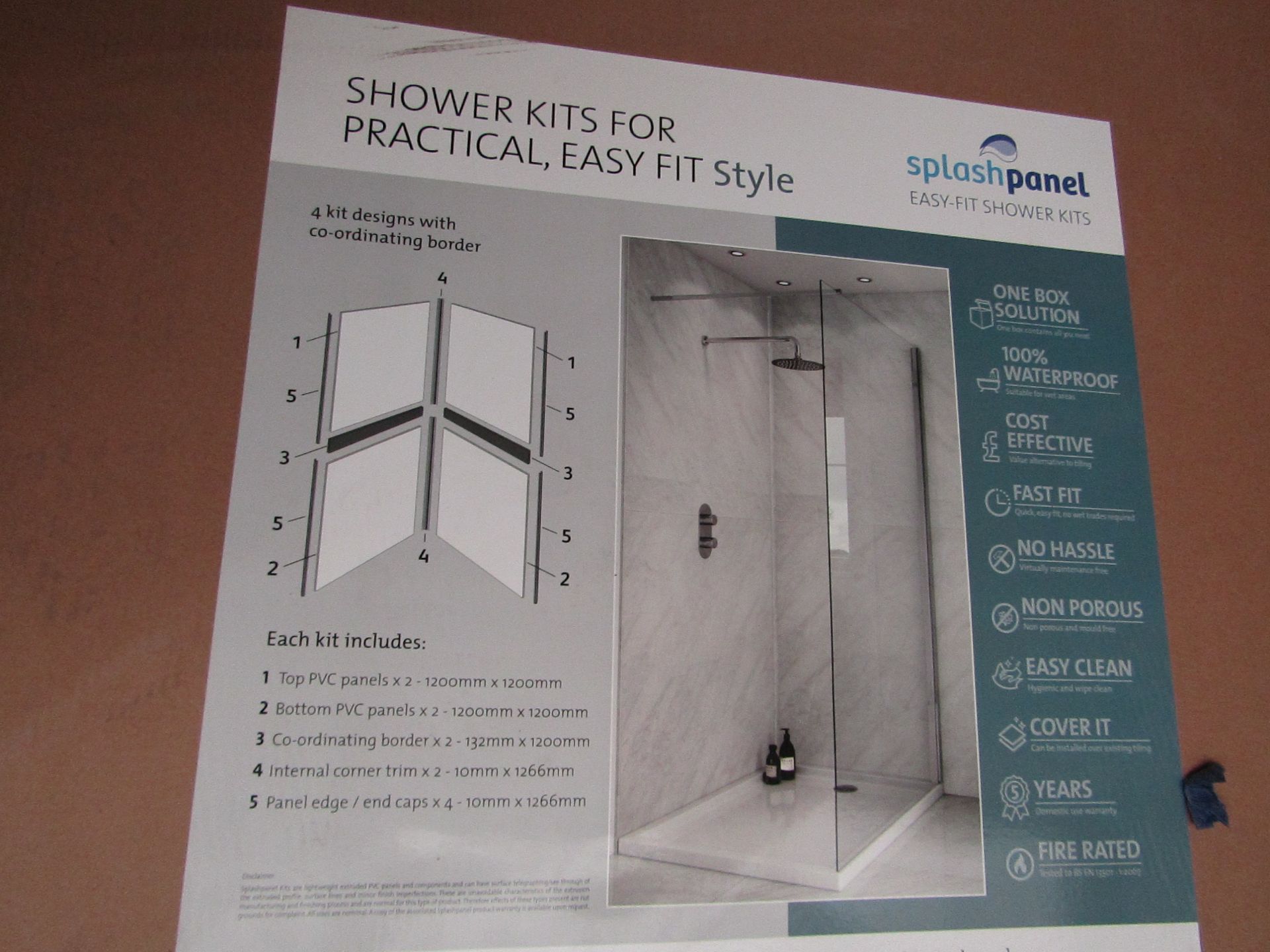 Splash Panel 2 sided shower wall kit in MARBLE MATT, new and boxed, the kit contains 2 1200x1200 top