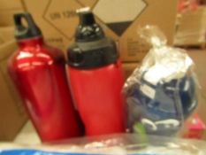 3x Various Bottles - 1x Skylanders - Unused & Packaged. 1x Metal Keep Cool Flask. 1x Red Plastic