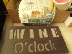 2x Household Items - 1x "Im Dreaming of Wine Christmas" Mirror Sign - Unsed. 1x "Wine O'Clock" Brown