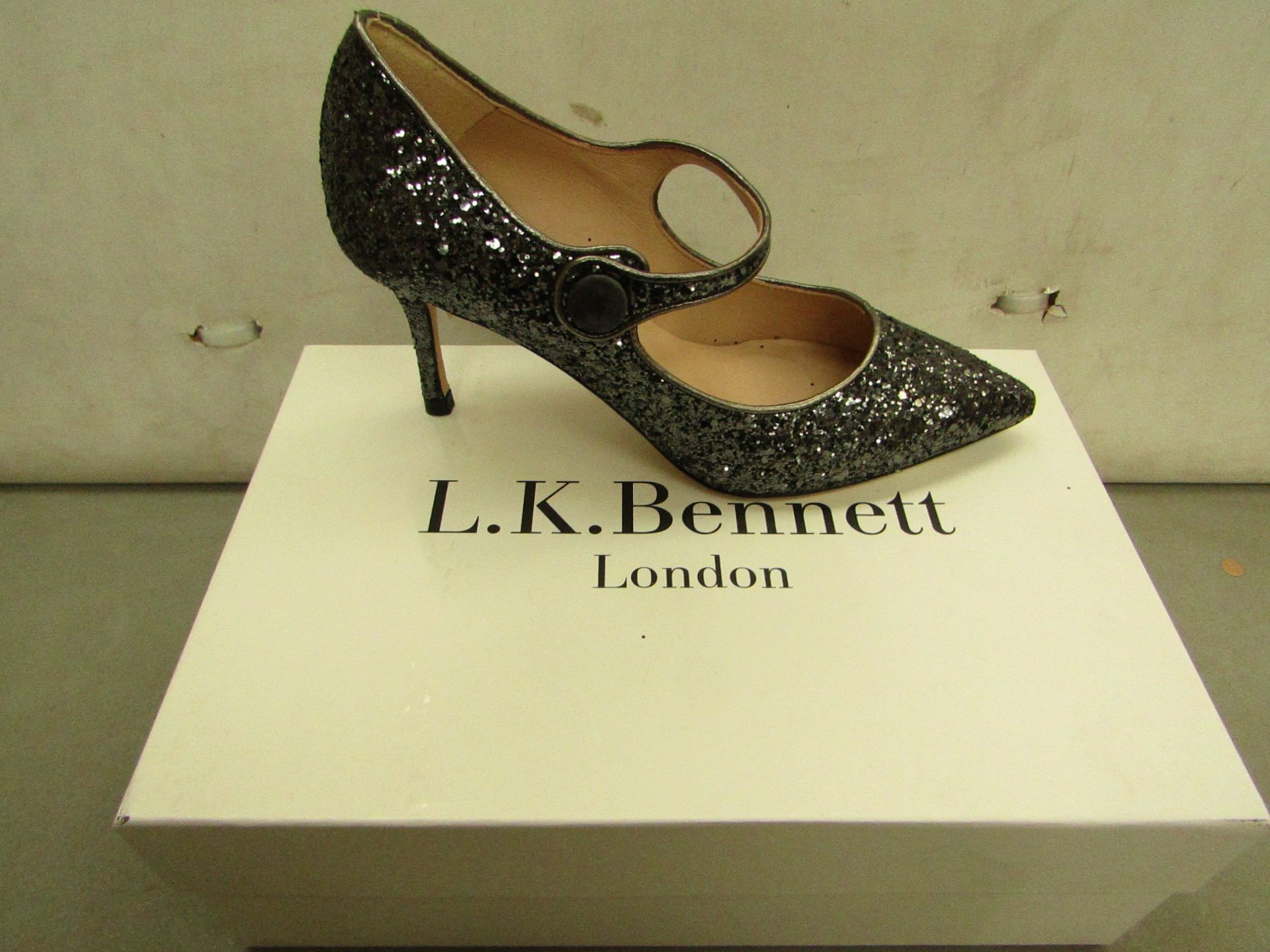 LK Bennett Ladies Monica Anthracite/Black Glitter Suede Shoes size 38 RRP £155 new & boxed