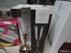 Set of 4 Dunelm Gold Stem Champagne Flutes. 160ml. New & boxed