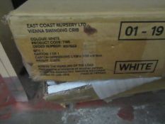 East coast Nursery White Vienna Swinging Crib. Boxed but unchecked