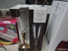 Set of 4 Dunelm Gold Stem Champagne Flutes. 160ml. New & boxed