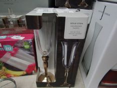 Set of 4 Dunelm Gold Stem Champagne Flutes. 160ml. New & boxed