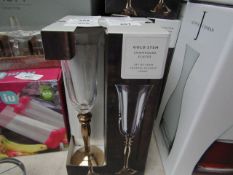 Set of 4 Dunelm Gold Stem Champagne Flutes. 160ml. New & boxed