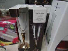 Set of 4 Dunelm Gold Stem Champagne Flutes. 160ml. New & boxed