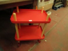 Red metal and wood 2 tier roller side table