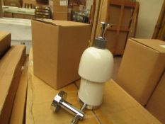 Ceramic soap dispenser with holder, new and boxed. AF46