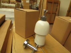 Ceramic soap dispenser with holder, new and boxed. AF46