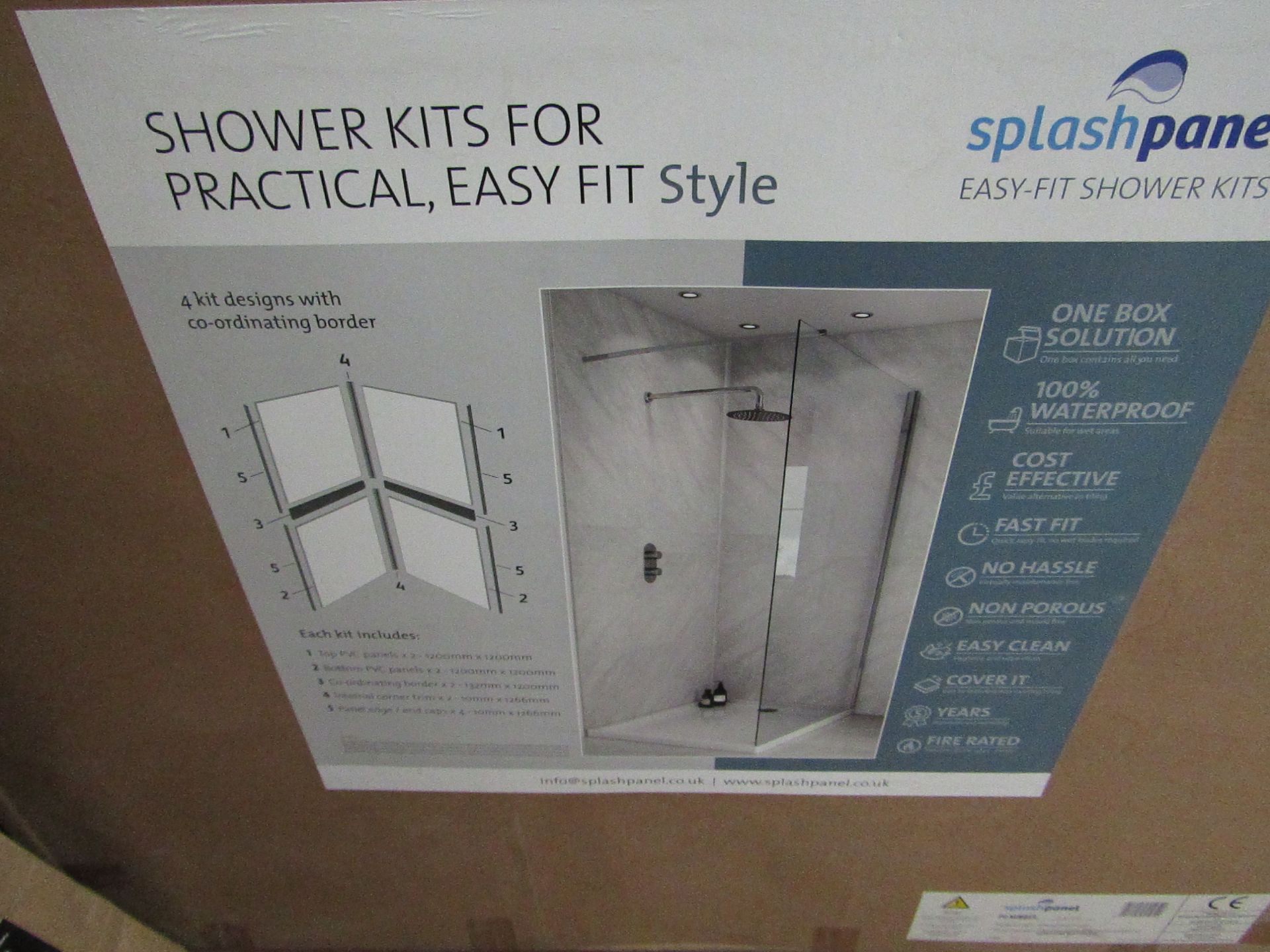 Splash Panel 2 sided shower wall kit in SANDSTONE, new and boxed, the kit contains 2 1200x1200 top