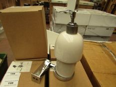 Ceramic soap dispenser with holder, new and boxed. AXZ46